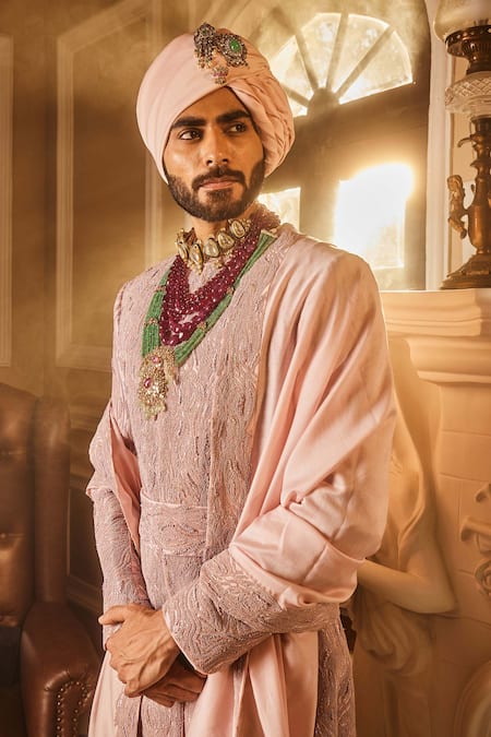 Asuka_Pink Crepe Zari, Cut Work, Embroidery, Beads Sherwani And Kurta Set _at_Aza_Fashions