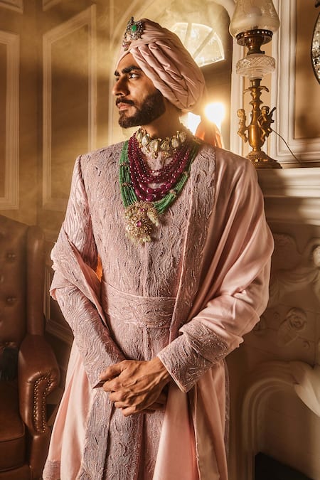 Buy_Asuka_Pink Crepe Zari, Cut Work, Embroidery, Beads Sherwani And Kurta Set 