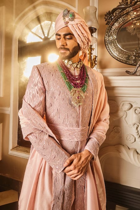 Shop_Asuka_Pink Crepe Zari, Cut Work, Embroidery, Beads Sherwani And Kurta Set 