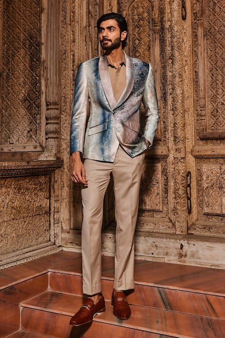 Asuka Foil Print Peacock Feather Tuxedo Set 