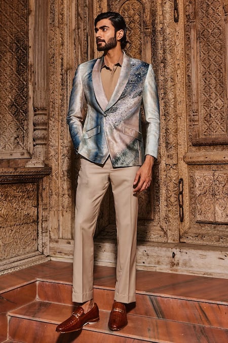 Asuka_Blue Jacquard Embroidery, Foil Printing Peacock Feather Tuxedo Set _Online_at_Aza_Fashions