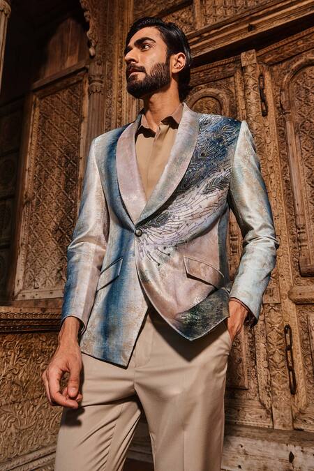 Buy_Asuka_Blue Jacquard Embroidery, Foil Printing Peacock Feather Tuxedo Set _Online_at_Aza_Fashions