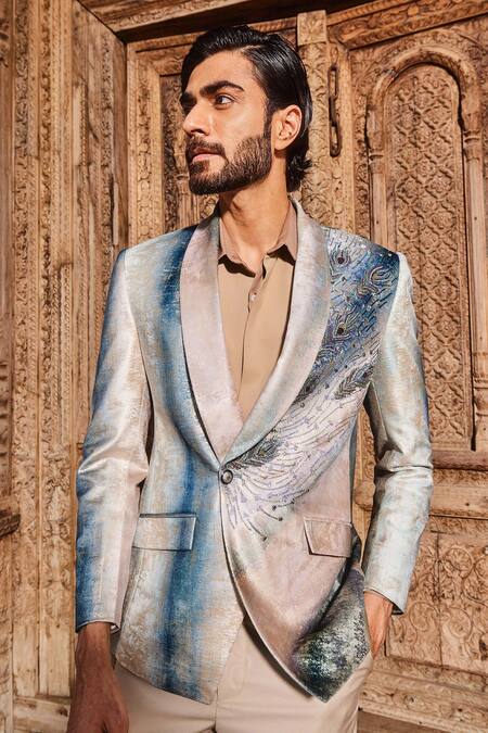 Shop_Asuka_Blue Jacquard Embroidery, Foil Printing Peacock Feather Tuxedo Set _Online_at_Aza_Fashions