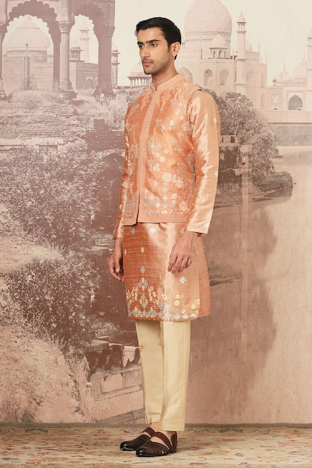 Asuka_Peach Silk, Tussar, Cotton Embroidery Bundi Kurta Set _Online_at_Aza_Fashions