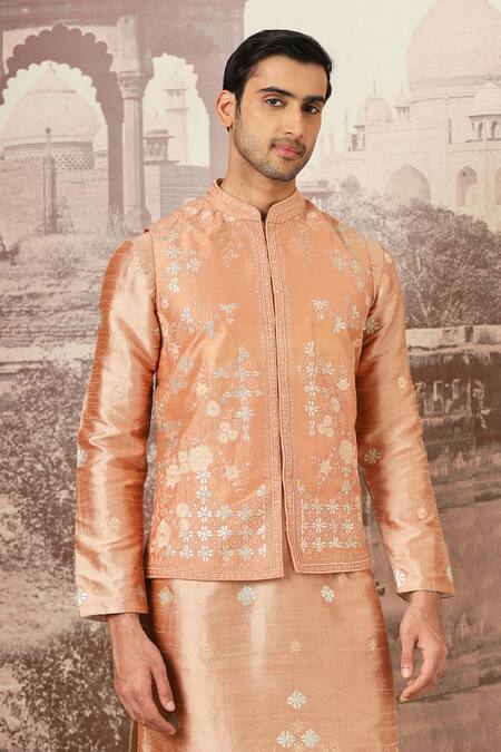 Buy_Asuka_Peach Silk, Tussar, Cotton Embroidery Bundi Kurta Set _Online_at_Aza_Fashions