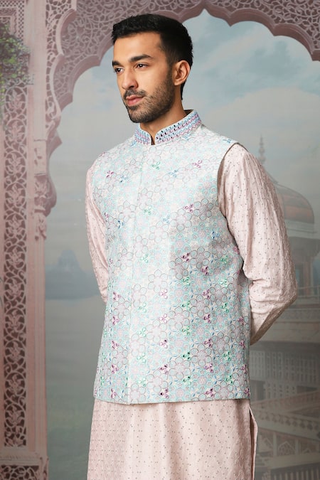 Asuka_Blue Chanderi Silk Mirrors, Sequins, Embroidery Floral Bundi Kurta Set _Online_at_Aza_Fashions