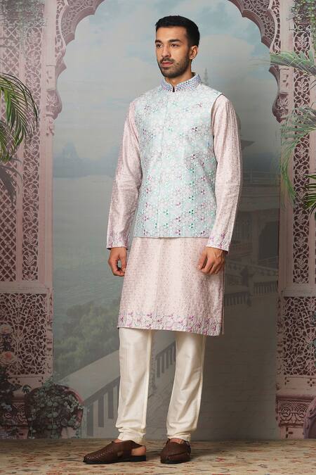 Buy_Asuka_Blue Chanderi Silk Mirrors, Sequins, Embroidery Floral Bundi Kurta Set _Online_at_Aza_Fashions