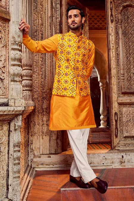 Asuka_Yellow Silk, Cotton, Linen Mirrors, Embroidery Bundi And Kurta Set _Online_at_Aza_Fashions