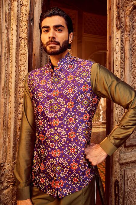 Shop_Asuka_Purple Silk, Cotton, Linen Mirrors, Embroidery Bundi Set _Online_at_Aza_Fashions