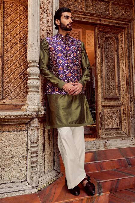 Asuka_Purple Silk, Cotton, Linen Mirrors, Embroidery Bundi Set _at_Aza_Fashions