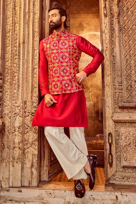 Asuka_Red Silk, Cotton Satin, Linen Mirrors, Embroidery Bundi And Kurta Set _Online_at_Aza_Fashions