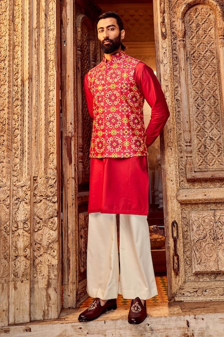 Buy_Asuka_Red Silk, Cotton Satin, Linen Mirrors, Embroidery Bundi And Kurta Set _Online_at_Aza_Fashions