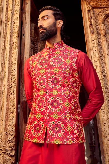 Shop_Asuka_Red Silk, Cotton Satin, Linen Mirrors, Embroidery Bundi And Kurta Set _Online_at_Aza_Fashions