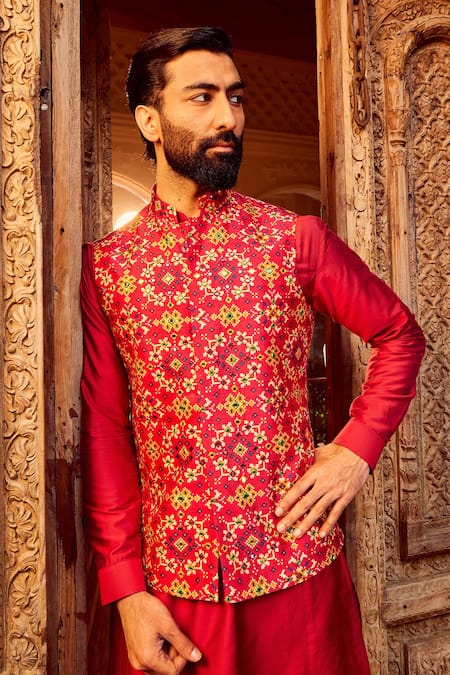 Asuka_Red Silk, Cotton Satin, Linen Mirrors, Embroidery Bundi And Kurta Set _at_Aza_Fashions