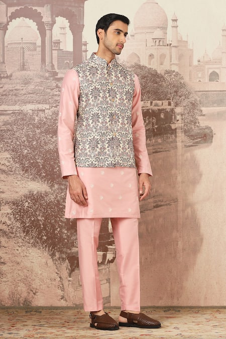 Asuka_Peach Chanderi Silk Embroidery Orchid Rose Bundi Set _Online_at_Aza_Fashions
