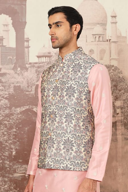 Shop_Asuka_Peach Chanderi Silk Embroidery Orchid Rose Bundi Set _Online_at_Aza_Fashions