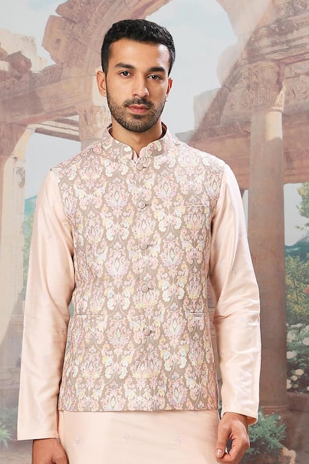 Asuka_Beige Chanderi Silk Embroidery Floral Bundi Kurta Set _Online_at_Aza_Fashions