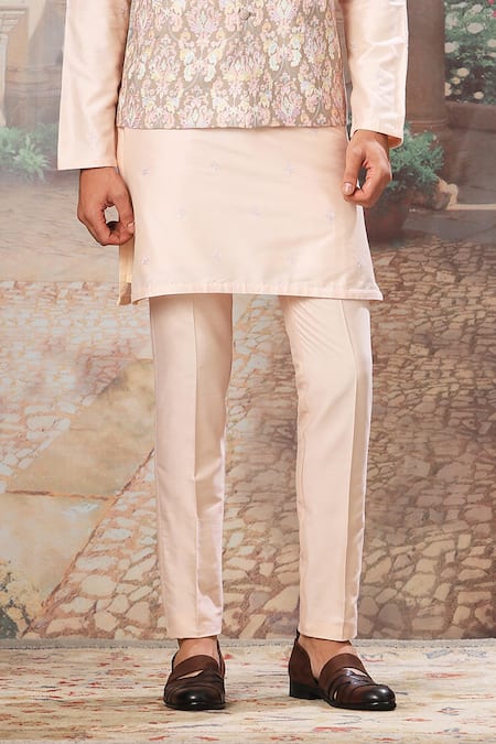 Buy_Asuka_Beige Chanderi Silk Embroidery Floral Bundi Kurta Set _Online_at_Aza_Fashions