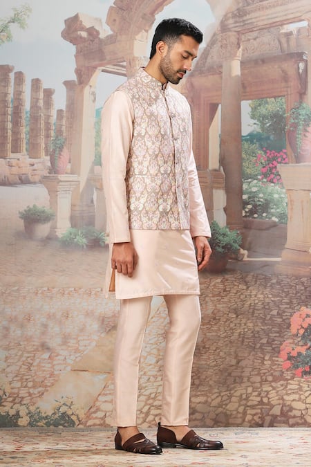 Shop_Asuka_Beige Chanderi Silk Embroidery Floral Bundi Kurta Set _Online_at_Aza_Fashions