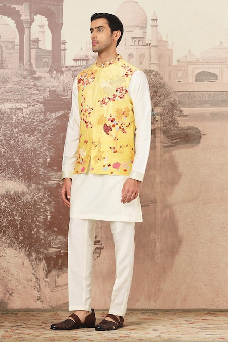 Buy_Asuka_Yellow Silk, Cotton Embroidery Floral Bundi Set _Online_at_Aza_Fashions