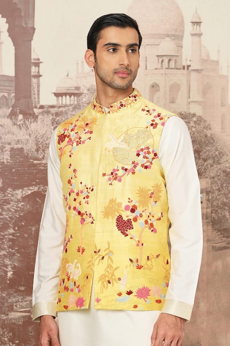 Shop_Asuka_Yellow Silk, Cotton Embroidery Floral Bundi Set _Online_at_Aza_Fashions