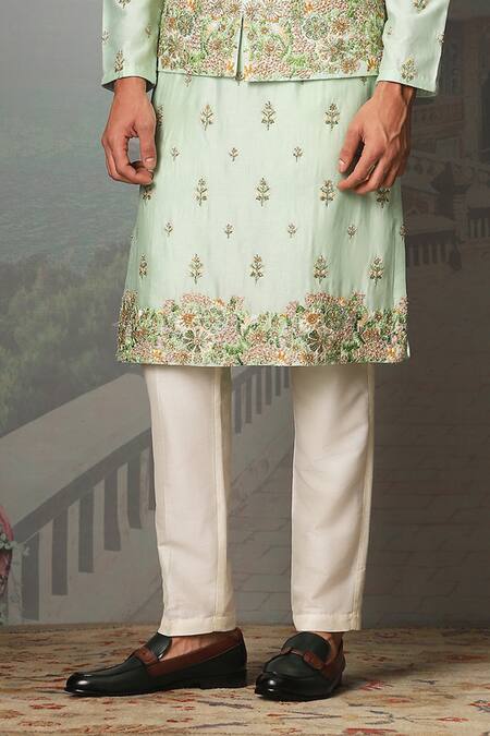 Asuka_Green Silk, Cotton Metallic Thread, Embroidery Fern Bundi Kurta Set _Online_at_Aza_Fashions