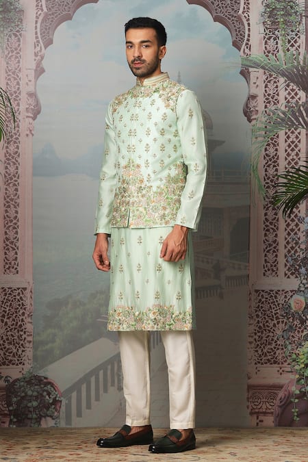Buy_Asuka_Green Silk, Cotton Metallic Thread, Embroidery Fern Bundi Kurta Set _Online_at_Aza_Fashions