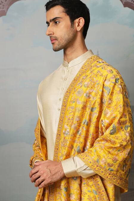 Asuka_Yellow Floral Resham And Zari Embroidered Stole _Online_at_Aza_Fashions
