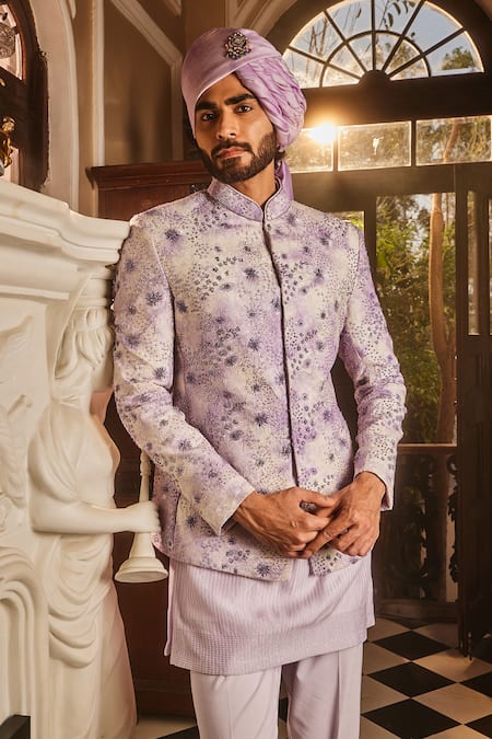 Asuka_Purple Chanderi Silk Cut Work, Embroidery Lilac Tie Dye Bandhgala Set _Online_at_Aza_Fashions