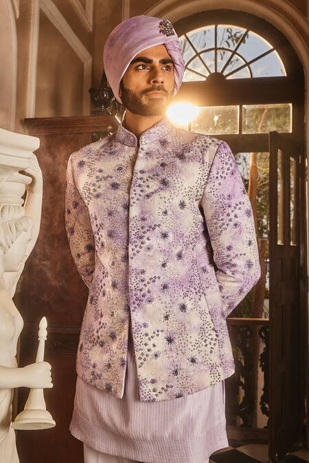 Shop_Asuka_Purple Chanderi Silk Cut Work, Embroidery Lilac Tie Dye Bandhgala Set _Online_at_Aza_Fashions