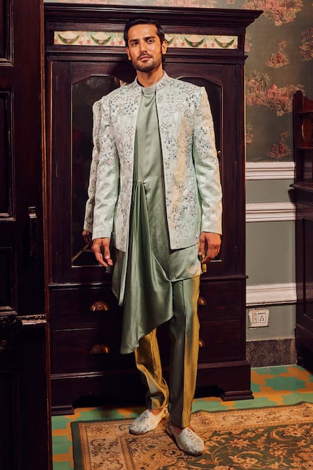 Asuka Embroidered Sage Green Bandhgala Set 
