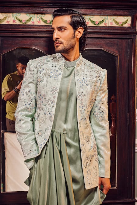 Asuka Green Satin, Jacquard Sequins, Cut Work Embroidered Sage Bandhgala Set at Aza Fashions Asuka_Green Satin, Jacquard Sequins, Cut Work Embroidered Sage Bandhgala Set _at_Aza_Fashions