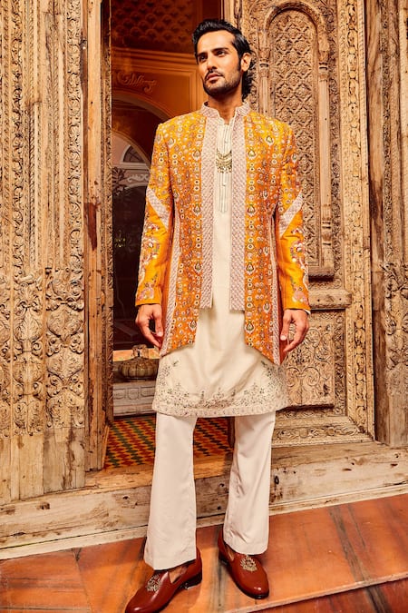Shop_Asuka_Orange Chanderi, Lace, Silk Embroidery, Zari, Sequins Phool Sherwani Jacket Set _at_Aza_Fashions