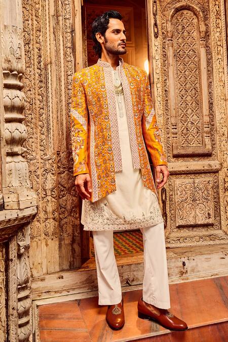 Asuka_Orange Chanderi, Lace, Silk Embroidery, Zari, Sequins Phool Sherwani Jacket Set _Online_at_Aza_Fashions