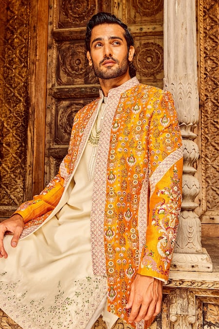 Shop_Asuka_Orange Chanderi, Lace, Silk Embroidery, Zari, Sequins Phool Sherwani Jacket Set _Online_at_Aza_Fashions