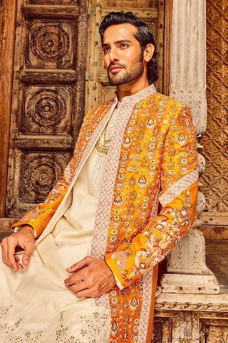 Asuka_Orange Chanderi, Lace, Silk Embroidery, Zari, Sequins Phool Sherwani Jacket Set _at_Aza_Fashions
