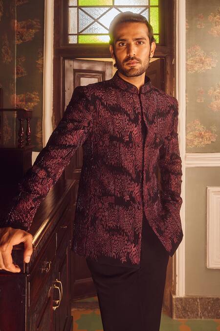 Asuka Wine Lace Cut Work Bloom Flame Embroidered Bandhgala Set Online at Aza Fashions Asuka_Wine Lace Cut Work Bloom Flame Embroidered Bandhgala Set _Online_at_Aza_Fashions