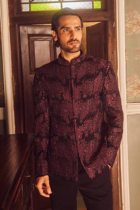 Buy Asuka Wine Lace Cut Work Bloom Flame Embroidered Bandhgala Set Online at Aza Fashions Buy_Asuka_Wine Lace Cut Work Bloom Flame Embroidered Bandhgala Set _Online_at_Aza_Fashions