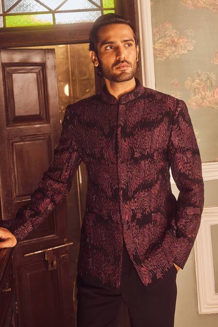 Shop Asuka Wine Lace Cut Work Bloom Flame Embroidered Bandhgala Set Online at Aza Fashions Shop_Asuka_Wine Lace Cut Work Bloom Flame Embroidered Bandhgala Set _Online_at_Aza_Fashions