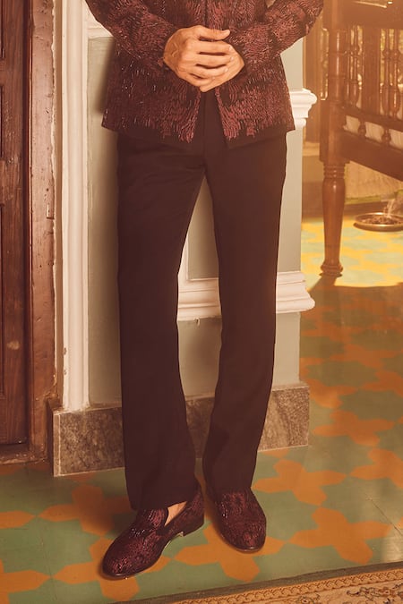 Asuka Wine Lace Cut Work Bloom Flame Embroidered Bandhgala Set at Aza Fashions Asuka_Wine Lace Cut Work Bloom Flame Embroidered Bandhgala Set _at_Aza_Fashions