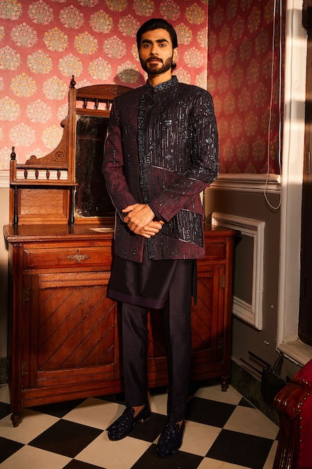 Asuka Asymmetric Hem Celeste Embroidered Sherwani Set 