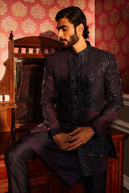Asuka_Blue Cotton, Silk Metallic Thread, Asymmetric Hem Celeste Sherwani Set _Online_at_Aza_Fashions
