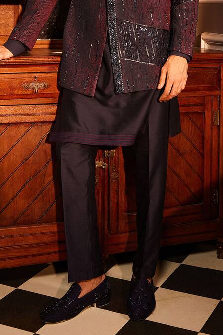 Buy_Asuka_Blue Cotton, Silk Metallic Thread, Asymmetric Hem Celeste Sherwani Set _Online_at_Aza_Fashions