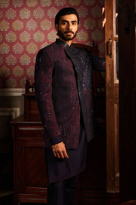 Shop_Asuka_Blue Cotton, Silk Metallic Thread, Asymmetric Hem Celeste Sherwani Set _Online_at_Aza_Fashions