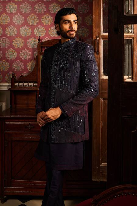 Asuka_Blue Cotton, Silk Metallic Thread, Asymmetric Hem Celeste Sherwani Set _at_Aza_Fashions