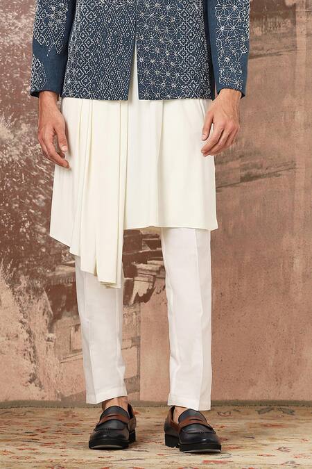 Asuka_Blue Cotton, Linen Embroidery Kantha Bloom Bandhgala And Pant _Online_at_Aza_Fashions