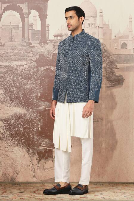 Buy_Asuka_Blue Cotton, Linen Embroidery Kantha Bloom Bandhgala And Pant _Online_at_Aza_Fashions
