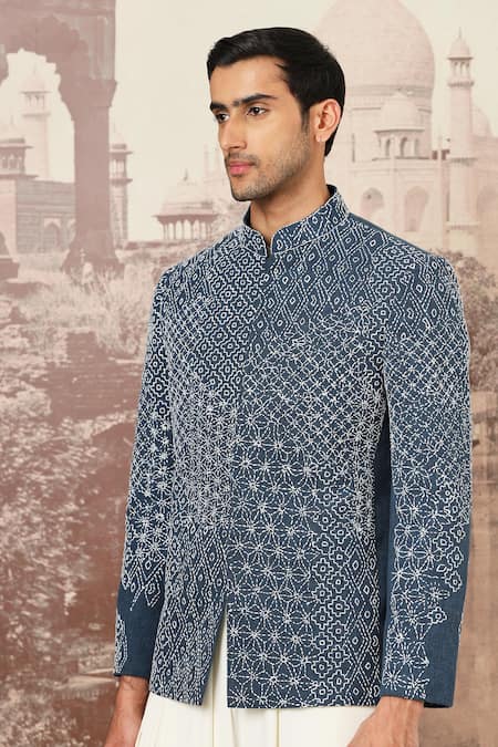 Shop_Asuka_Blue Cotton, Linen Embroidery Kantha Bloom Bandhgala And Pant _Online_at_Aza_Fashions