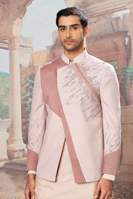 Shop_Asuka_Purple Silk Cut Work Lilac Asymmetrical Bandhgala Set _Online_at_Aza_Fashions