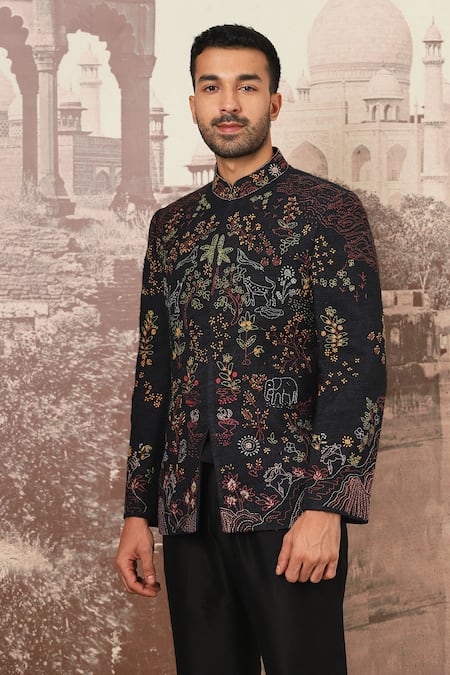 Asuka_Black Linen Embroidery Floral Kantha Bandhgala Set _Online_at_Aza_Fashions